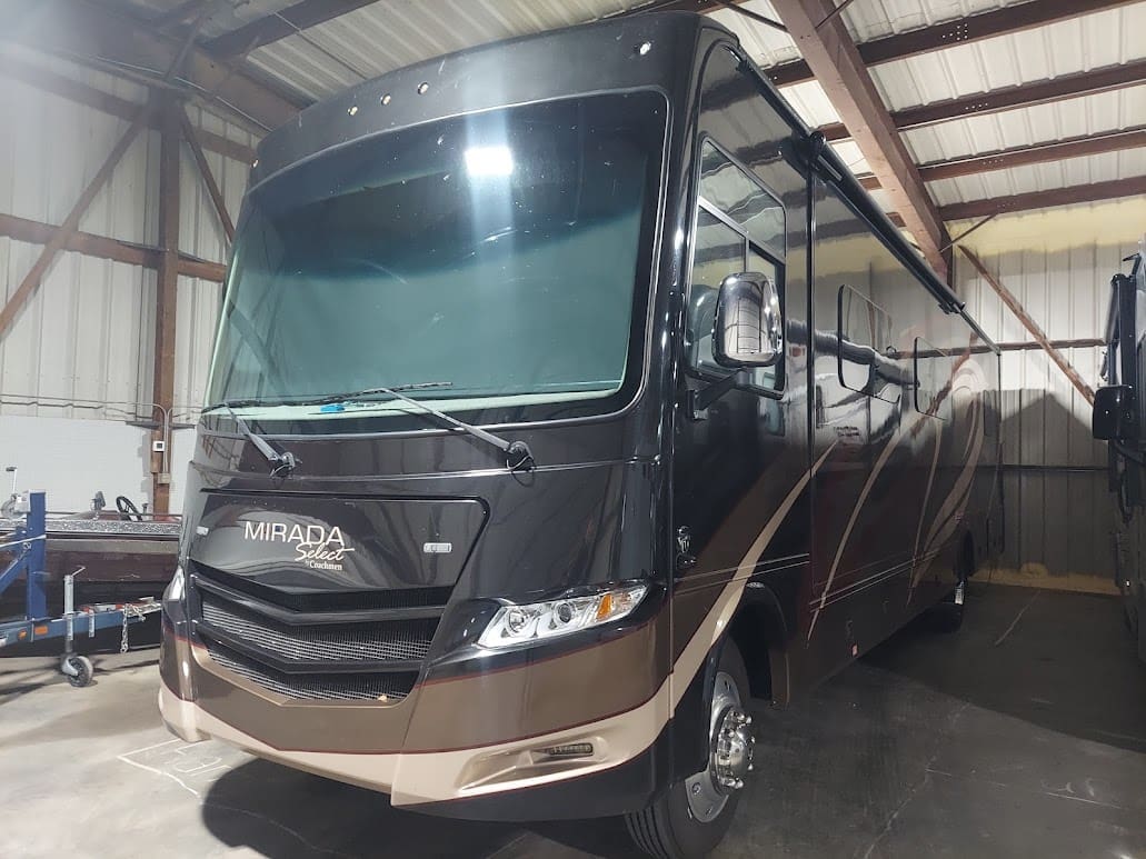 The inside of the Woodland In-N-Out Storage heated RV/boat storage building.