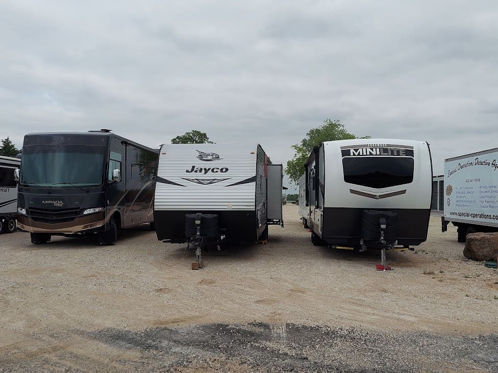 The inside of the Woodland In-N-Out Storage heated RV/boat storage building.